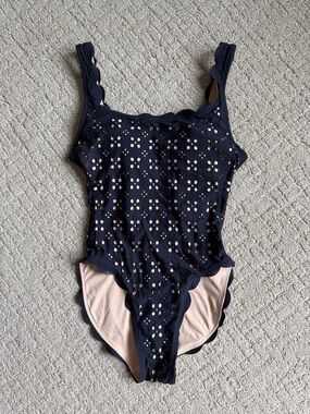 J. Crew Navy One-Piece Swimsuit with Nude Lining and Scalloped Trim